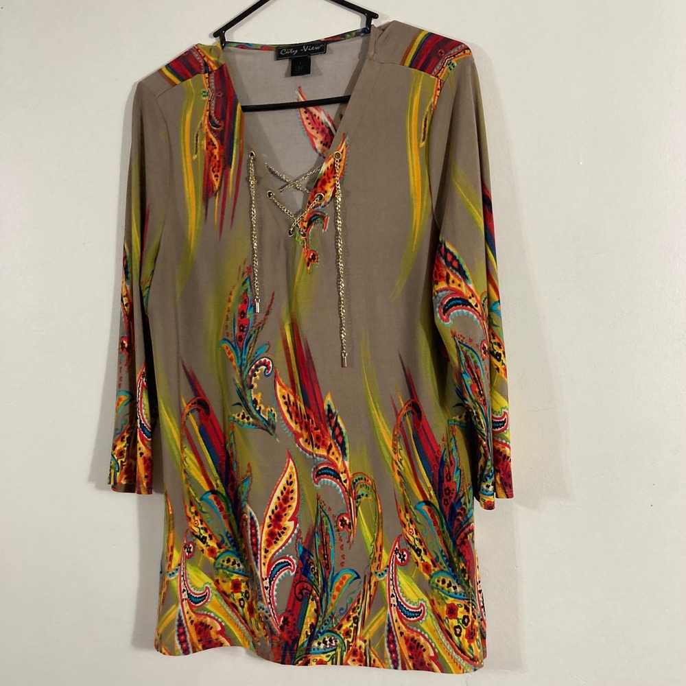 City View Tunic Top Womens Large Taupe Multi Paisley Chain Lace Up